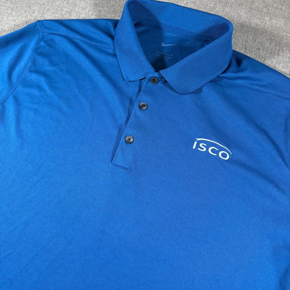 Nike Polo Shirt Mens Large Blue ISCO Snap-Tite Spirolite Short Sleeve‎ Dri-FIT
